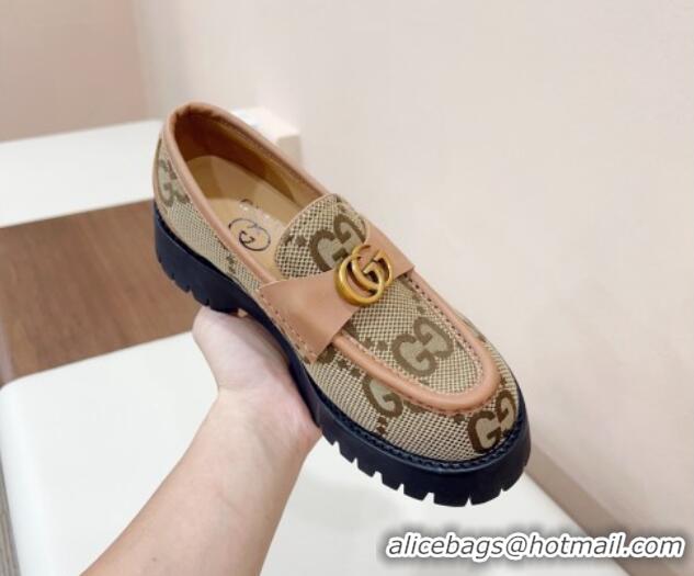 Affordable Price Gucci Jumbo GG Canvas Platform Loafers 3.5cm with GG Band Camel/Brown 916062