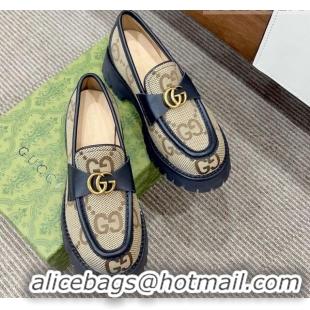 Most Popular Gucci Jumbo GG Canvas Platform Loafers 3.5cm with GG Band Camel/Black 916065