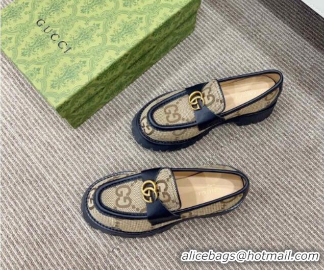 Most Popular Gucci Jumbo GG Canvas Platform Loafers 3.5cm with GG Band Camel/Black 916065