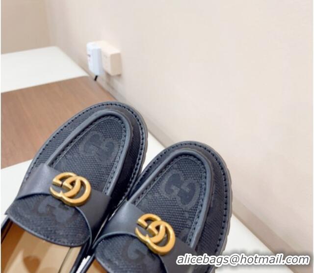 Buy Duplicate Gucci Jumbo GG Canvas Platform Loafers 3.5cm with GG Band Black 916066