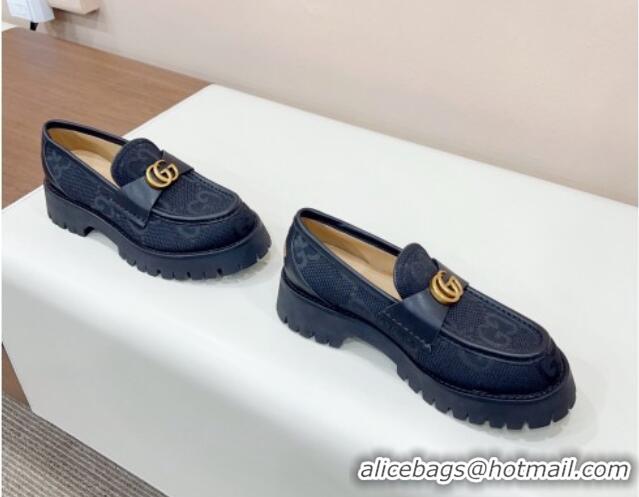 Buy Duplicate Gucci Jumbo GG Canvas Platform Loafers 3.5cm with GG Band Black 916066