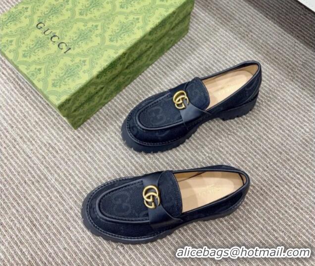 Buy Duplicate Gucci Jumbo GG Canvas Platform Loafers 3.5cm with GG Band Black 916066