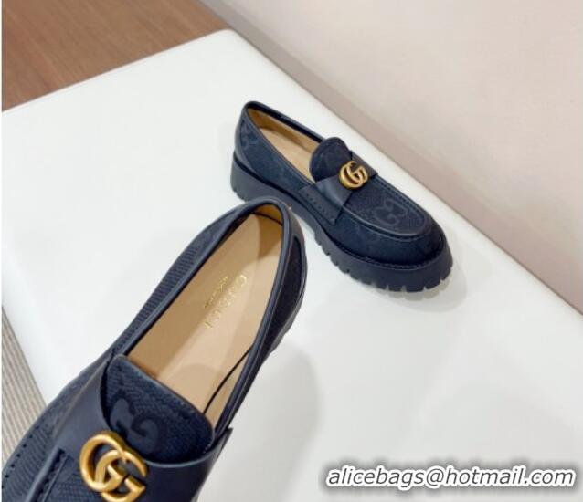 Buy Duplicate Gucci Jumbo GG Canvas Platform Loafers 3.5cm with GG Band Black 916066