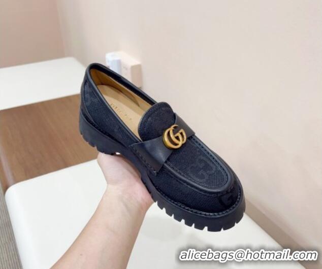 Buy Duplicate Gucci Jumbo GG Canvas Platform Loafers 3.5cm with GG Band Black 916066