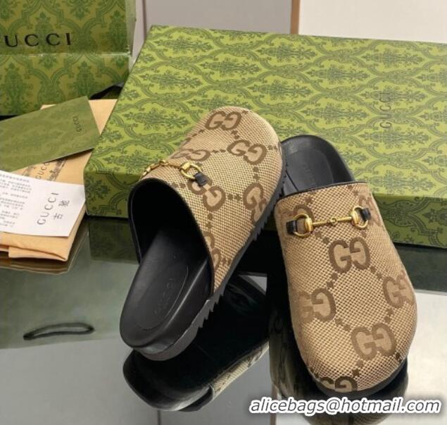 Traditional Discount Gucci Jumbo GG Canvas Horsebit Flat Mules Camel Brown 916067