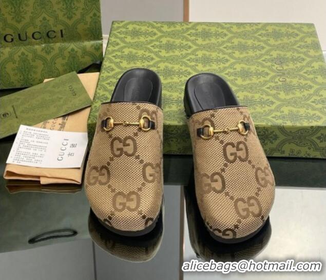 Traditional Discount Gucci Jumbo GG Canvas Horsebit Flat Mules Camel Brown 916067