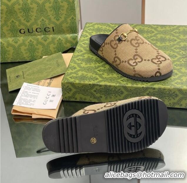 Traditional Discount Gucci Jumbo GG Canvas Horsebit Flat Mules Camel Brown 916067