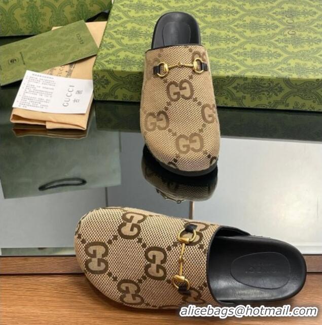 Traditional Discount Gucci Jumbo GG Canvas Horsebit Flat Mules Camel Brown 916067