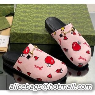 Duplicate Gucci Heart Printed Horsebit Flat Mules Light Pink 916072