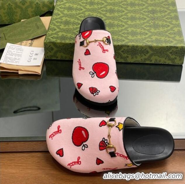 Duplicate Gucci Heart Printed Horsebit Flat Mules Light Pink 916072