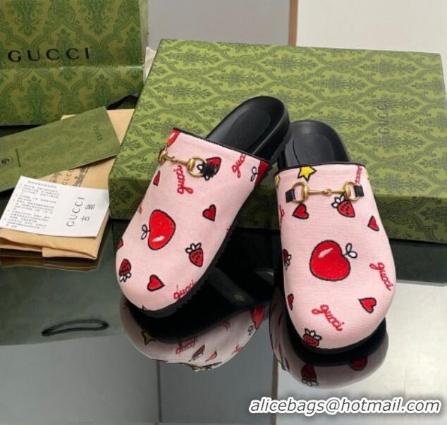 Duplicate Gucci Heart Printed Horsebit Flat Mules Light Pink 916072