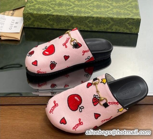 Duplicate Gucci Heart Printed Horsebit Flat Mules Light Pink 916072