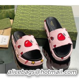 Duplicate Gucci Heart Printed Platform Slide Sandal Light Pink 916073