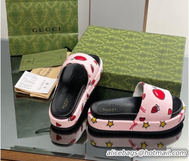 Duplicate Gucci Heart Printed Platform Slide Sandal Light Pink 916073