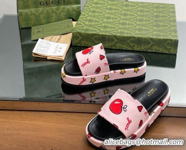 Duplicate Gucci Heart Printed Platform Slide Sandal Light Pink 916073