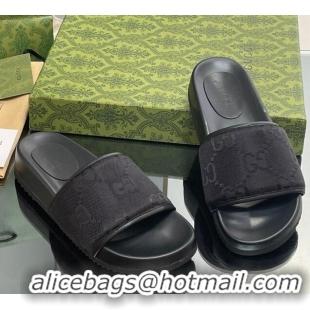 Buy Cheapest Gucci Jumbo GG Canvas Platform Slide Sandal Black 916077