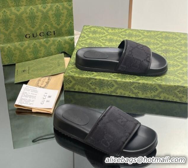 Buy Cheapest Gucci Jumbo GG Canvas Platform Slide Sandal Black 916077