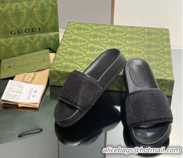 Buy Cheapest Gucci Jumbo GG Canvas Platform Slide Sandal Black 916077