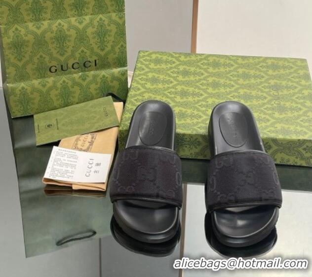 Buy Cheapest Gucci Jumbo GG Canvas Platform Slide Sandal Black 916077