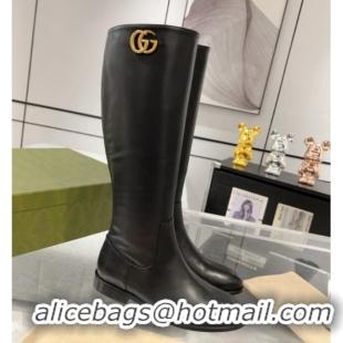 Buy Duplicate Gucci Leather Flat High Boots with GG Black 926105