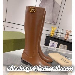 Discount Gucci Leather Flat High Boots with GG Brown 926106