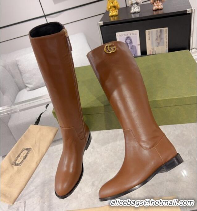 Discount Gucci Leather Flat High Boots with GG Brown 926106