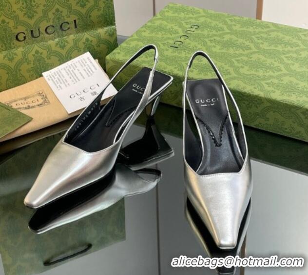 Beautiful Gucci Leather Slingback Pumps 5.5cm 764192 Silver 926110