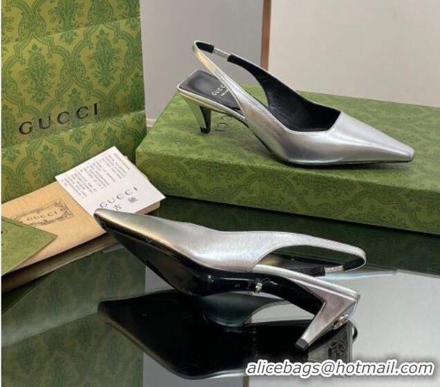 Beautiful Gucci Leather Slingback Pumps 5.5cm 764192 Silver 926110