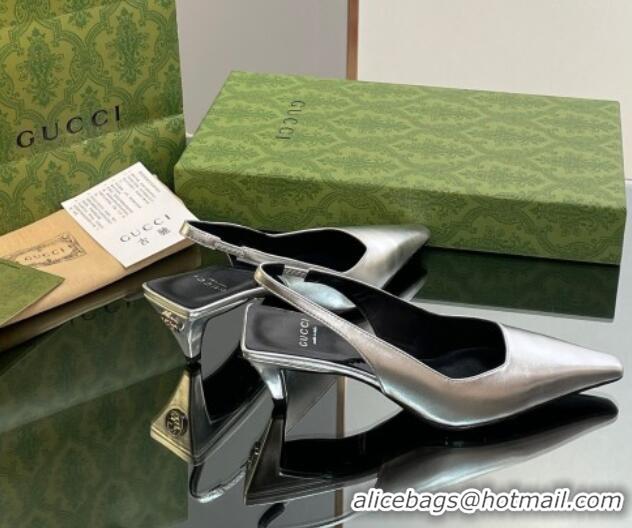 Beautiful Gucci Leather Slingback Pumps 5.5cm 764192 Silver 926110