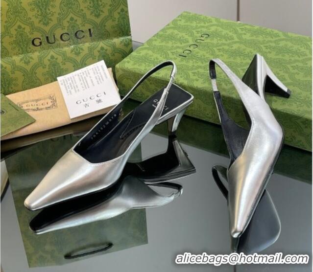 Beautiful Gucci Leather Slingback Pumps 5.5cm 764192 Silver 926110