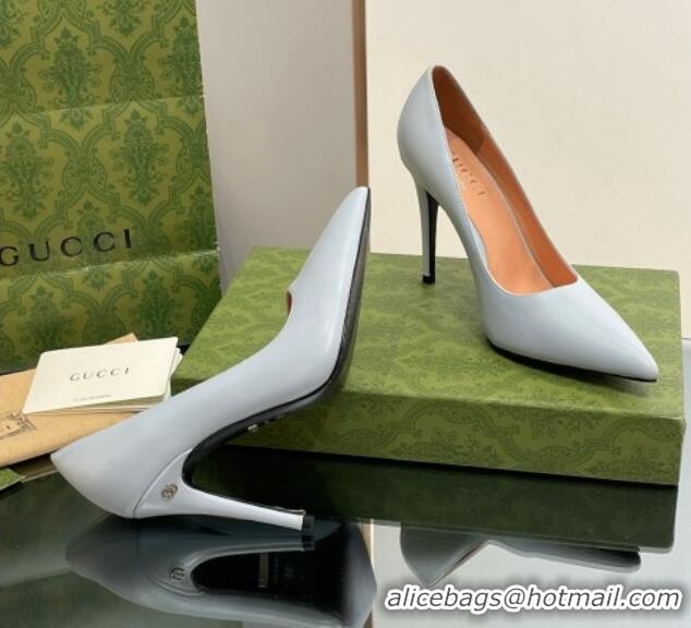 Popular Gucci Leather Pointed High heel Pumps 10.5cm with GG Light Blue 1012001