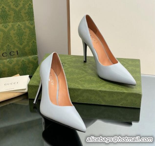 Popular Gucci Leather Pointed High heel Pumps 10.5cm with GG Light Blue 1012001