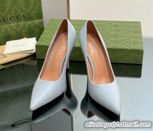 Popular Gucci Leather Pointed High heel Pumps 10.5cm with GG Light Blue 1012001