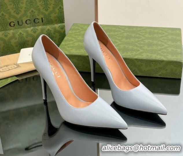 Popular Gucci Leather Pointed High heel Pumps 10.5cm with GG Light Blue 1012001