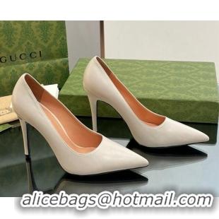 AAAAA Gucci Leather Pointed High heel Pumps 10.5cm with GG White 1012002