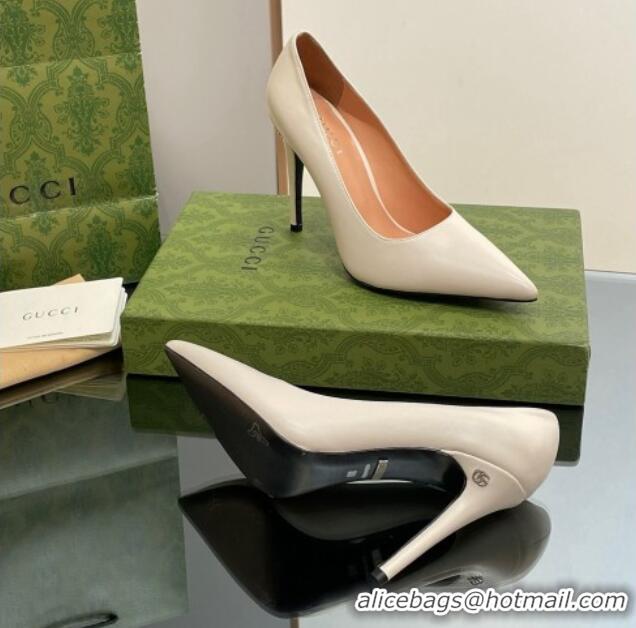 AAAAA Gucci Leather Pointed High heel Pumps 10.5cm with GG White 1012002