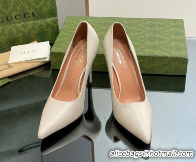 AAAAA Gucci Leather Pointed High heel Pumps 10.5cm with GG White 1012002