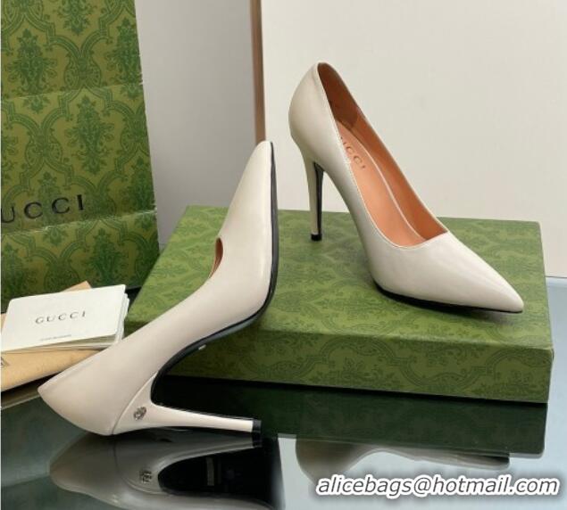 AAAAA Gucci Leather Pointed High heel Pumps 10.5cm with GG White 1012002