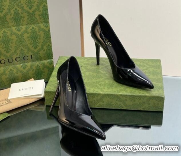 Super Quality Gucci Patent Leather Pointed High heel Pumps 10.5cm with GG Black 012005