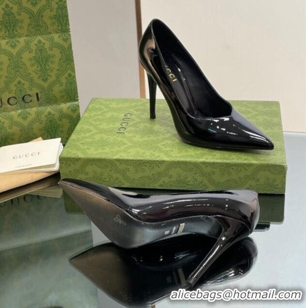 Super Quality Gucci Patent Leather Pointed High heel Pumps 10.5cm with GG Black 012005