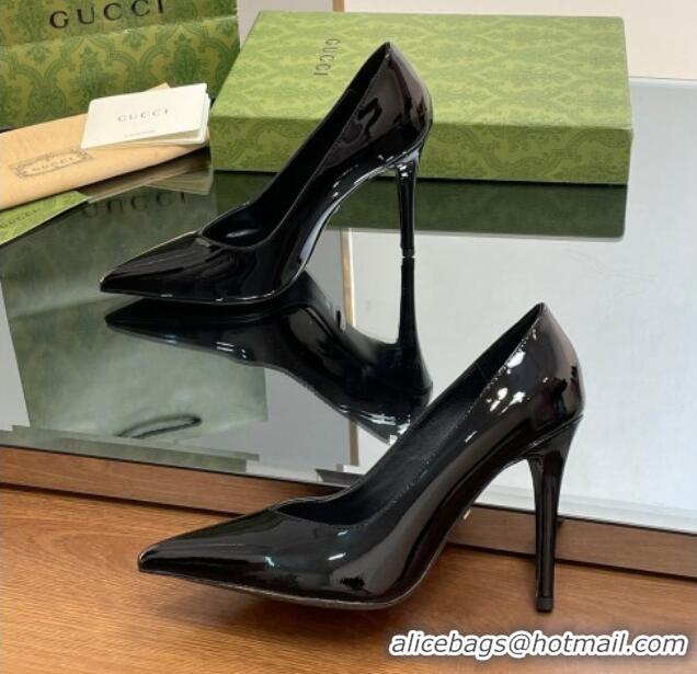 Super Quality Gucci Patent Leather Pointed High heel Pumps 10.5cm with GG Black 012005