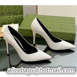 Top Quality Gucci Patent Leather Pointed High heel Pumps 10.5cm with GG White 1012006