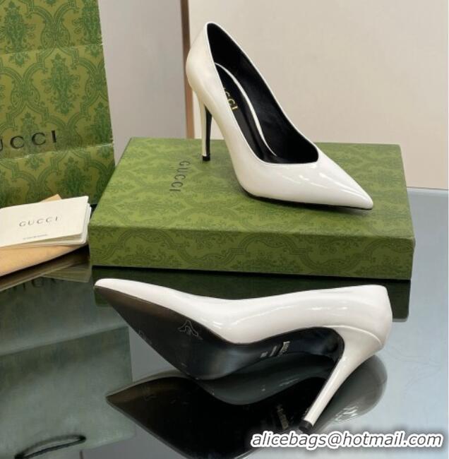 Top Quality Gucci Patent Leather Pointed High heel Pumps 10.5cm with GG White 1012006