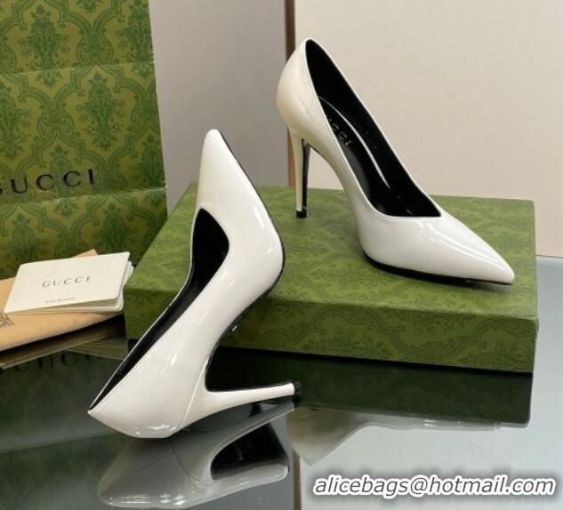 Top Quality Gucci Patent Leather Pointed High heel Pumps 10.5cm with GG White 1012006