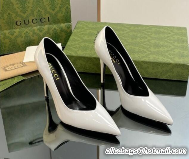 Top Quality Gucci Patent Leather Pointed High heel Pumps 10.5cm with GG White 1012006