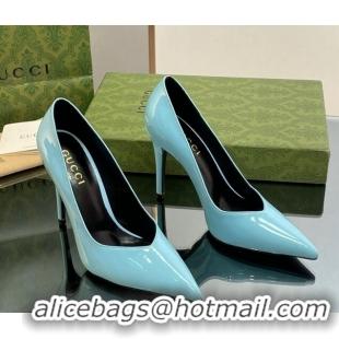 Duplicate Gucci Patent Leather Pointed High heel Pumps 10.5cm with GG Light Blue 1012007