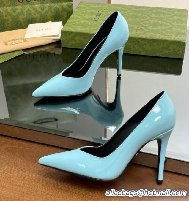 Duplicate Gucci Patent Leather Pointed High heel Pumps 10.5cm with GG Light Blue 1012007