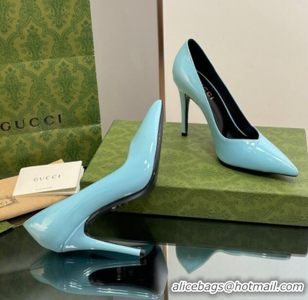 Duplicate Gucci Patent Leather Pointed High heel Pumps 10.5cm with GG Light Blue 1012007