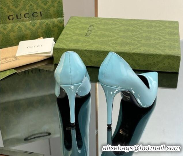 Duplicate Gucci Patent Leather Pointed High heel Pumps 10.5cm with GG Light Blue 1012007