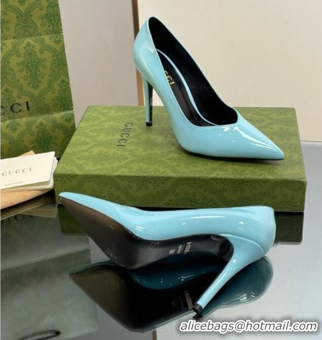 Duplicate Gucci Patent Leather Pointed High heel Pumps 10.5cm with GG Light Blue 1012007